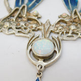 Sterling Silver, Guilloche Enamel & Opal Dragonfly Drop Pendant Necklace Vintage c1970