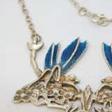 Sterling Silver, Guilloche Enamel & Opal Dragonfly Drop Pendant Necklace Vintage c1970