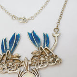 Sterling Silver, Guilloche Enamel & Opal Dragonfly Drop Pendant Necklace Vintage c1970