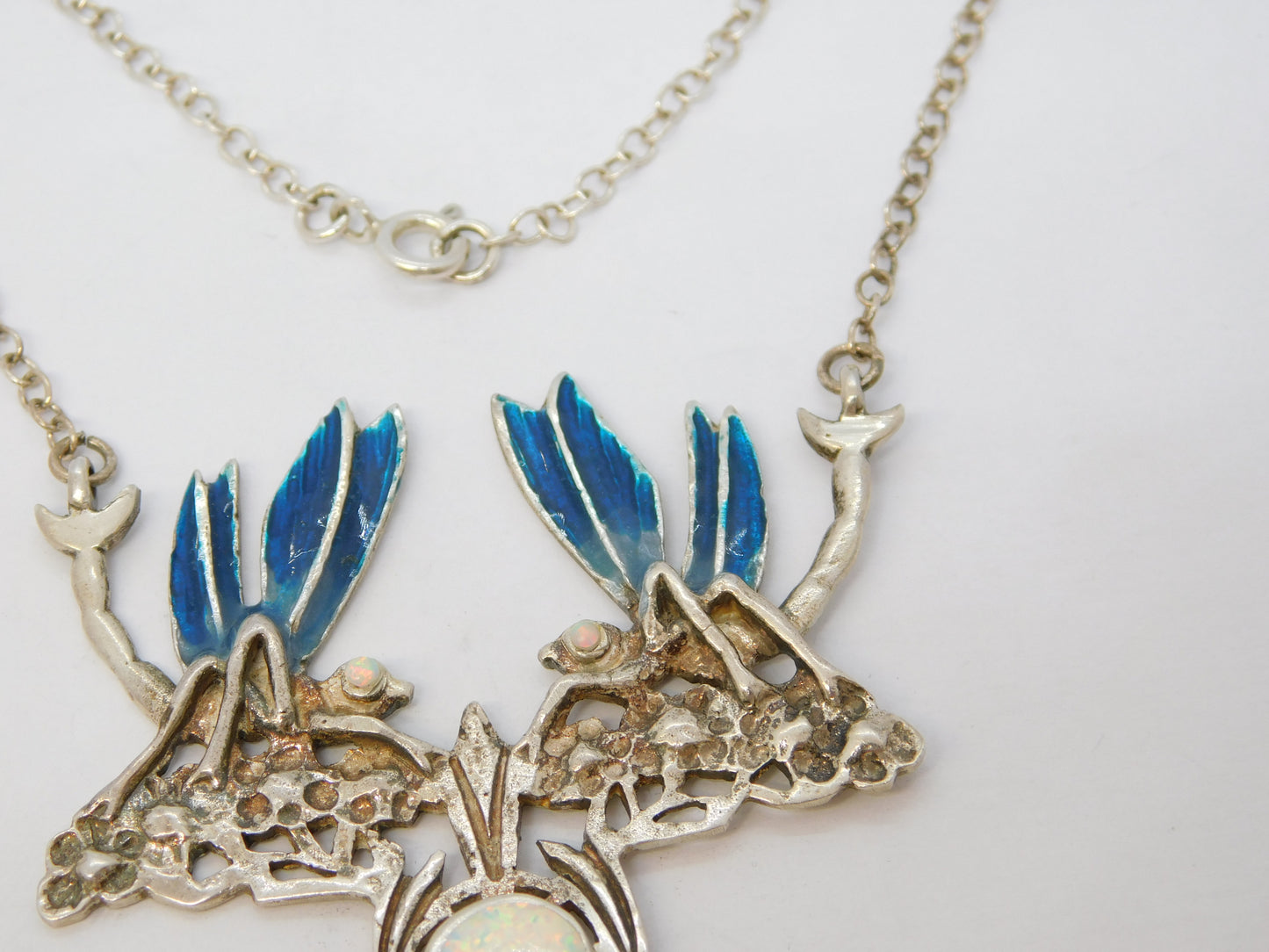 Sterling Silver, Guilloche Enamel & Opal Dragonfly Drop Pendant Necklace Vintage c1970