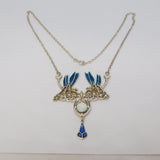 Sterling Silver, Guilloche Enamel & Opal Dragonfly Drop Pendant Necklace Vintage c1970