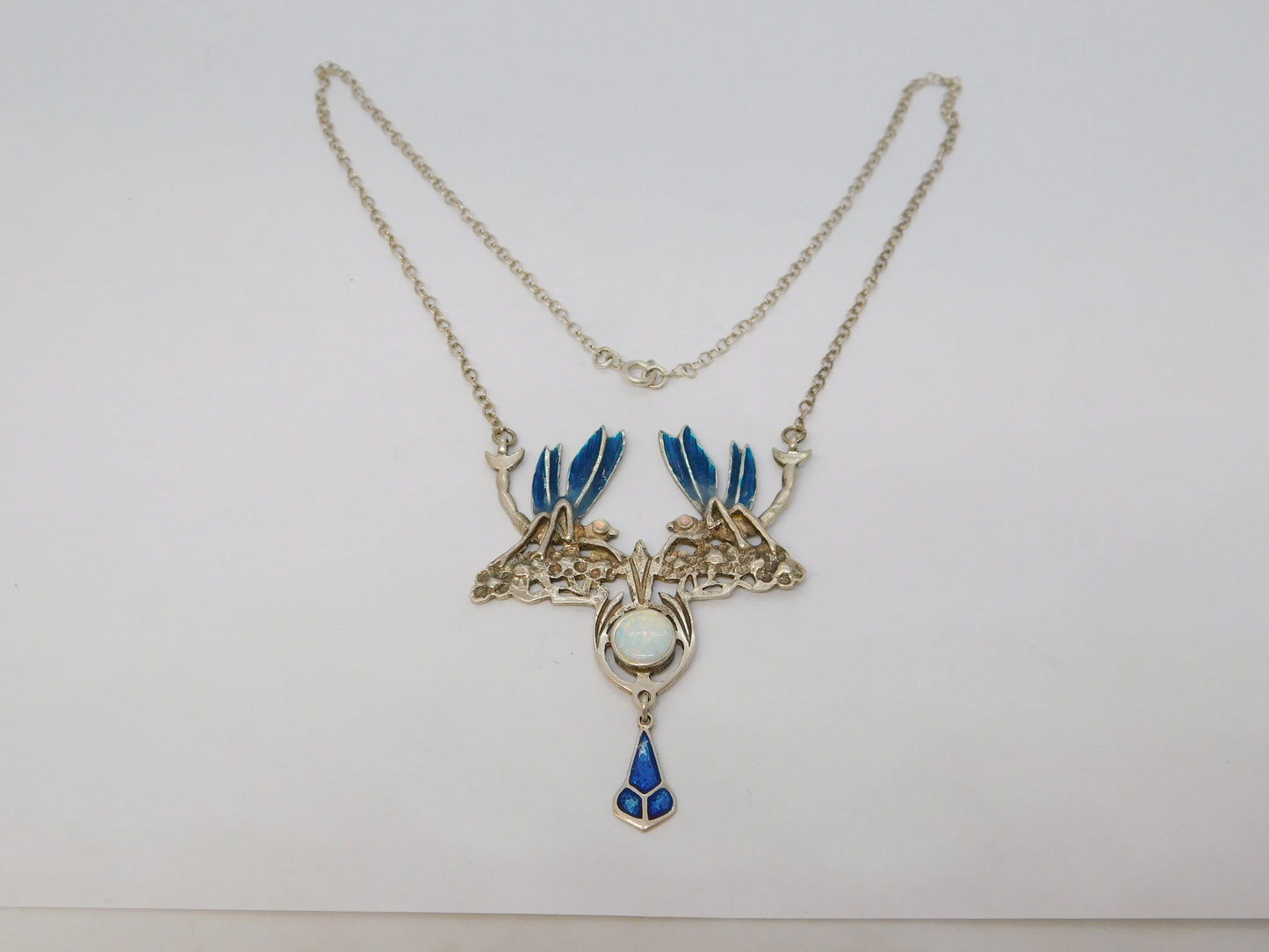 Sterling Silver, Guilloche Enamel & Opal Dragonfly Drop Pendant Necklace Vintage c1970
