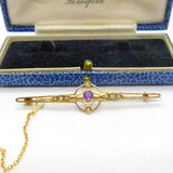 Edwardian 9ct Gold, Amethyst & Seed Pearl Bar Brooch Antique c1910