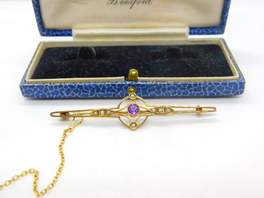 Edwardian 9ct Gold, Amethyst & Seed Pearl Bar Brooch Antique c1910