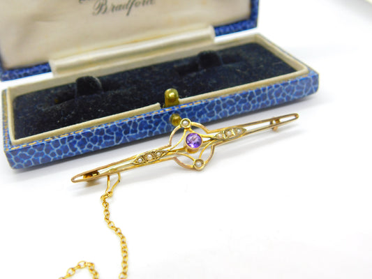 Edwardian 9ct Gold, Amethyst & Seed Pearl Bar Brooch Antique c1910