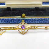 Edwardian 9ct Gold, Amethyst & Seed Pearl Bar Brooch Antique c1910