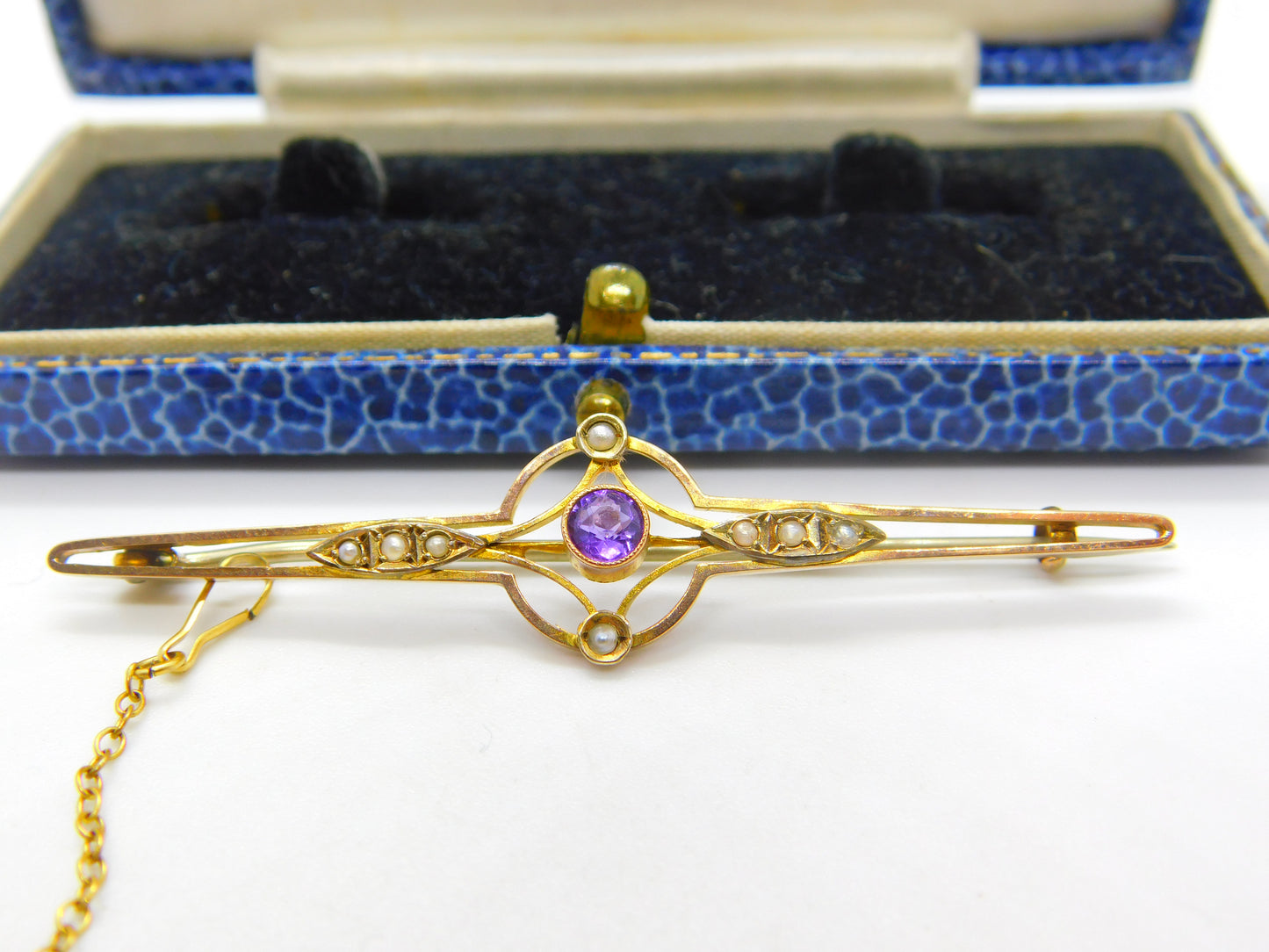 Edwardian 9ct Gold, Amethyst & Seed Pearl Bar Brooch Antique c1910