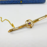 Edwardian 9ct Gold, Amethyst & Seed Pearl Bar Brooch Antique c1910