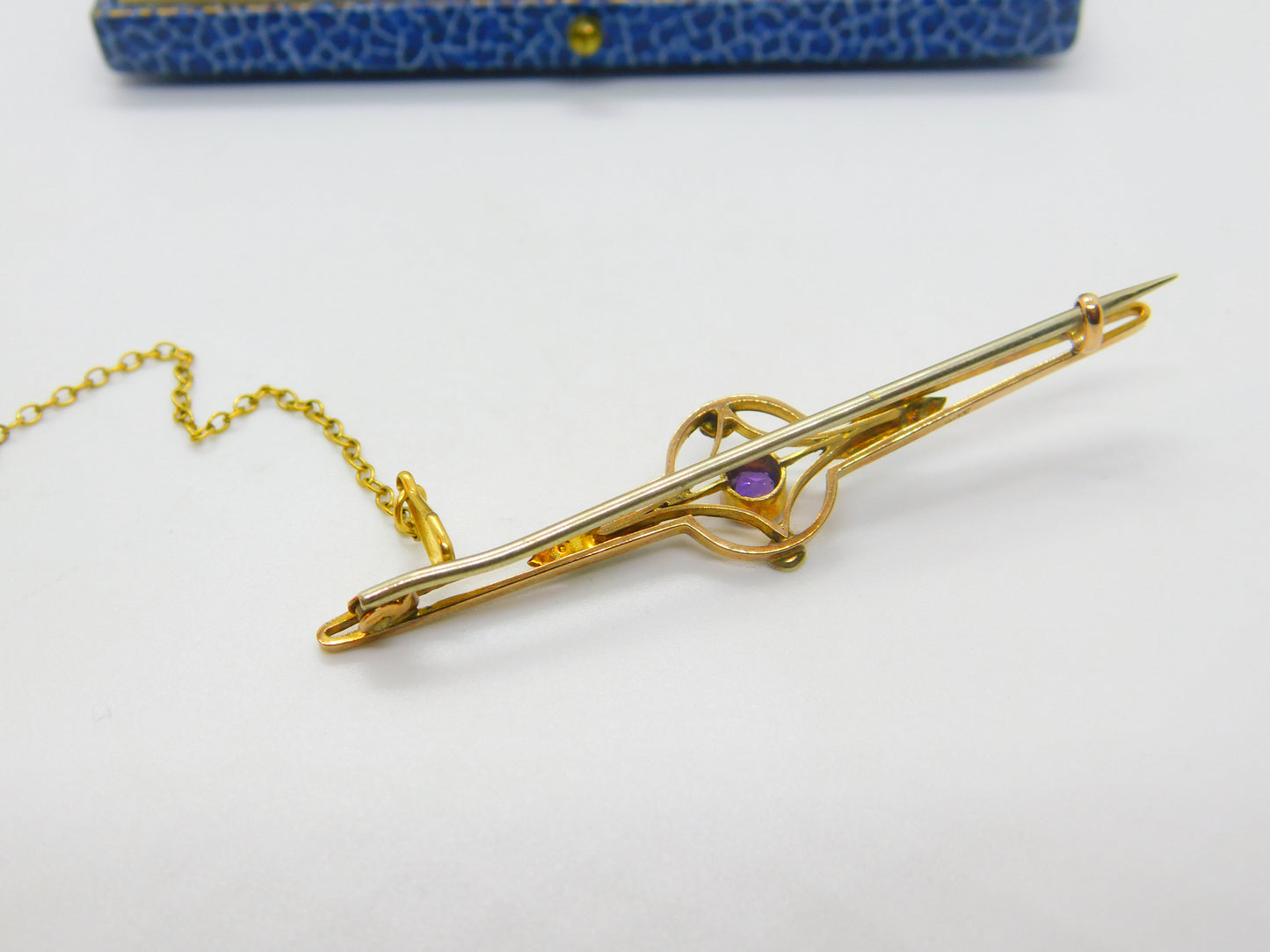 Edwardian 9ct Gold, Amethyst & Seed Pearl Bar Brooch Antique c1910