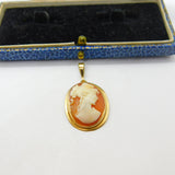 14ct Yellow Gold & Carved Shell Cameo Classical Lady Pendant Vintage c1970