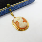 14ct Yellow Gold & Carved Shell Cameo Classical Lady Pendant Vintage c1970