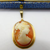 14ct Yellow Gold & Carved Shell Cameo Classical Lady Pendant Vintage c1970