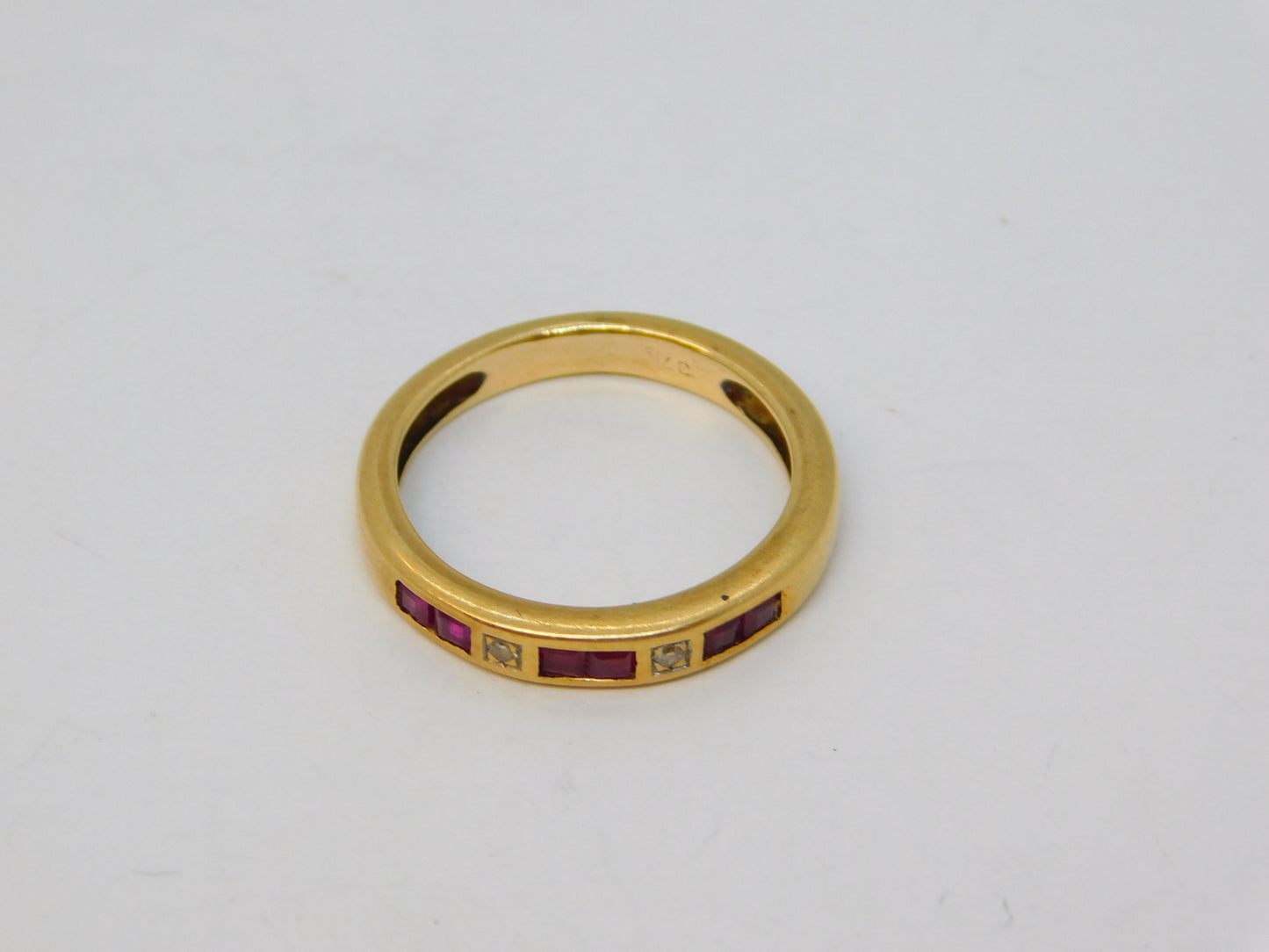 9ct Yellow Gold Square Cut Ruby & Diamond Band Ring Vintage c1970