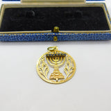 14ct Gold Spinning Jewish Menorah Ruby & Sapphire Set Pendant Vintage c1960