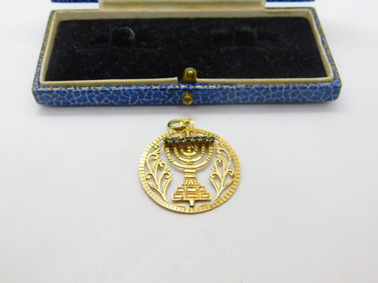 14ct Gold Spinning Jewish Menorah Ruby & Sapphire Set Pendant Vintage c1960