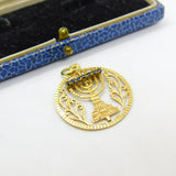14ct Gold Spinning Jewish Menorah Ruby & Sapphire Set Pendant Vintage c1960