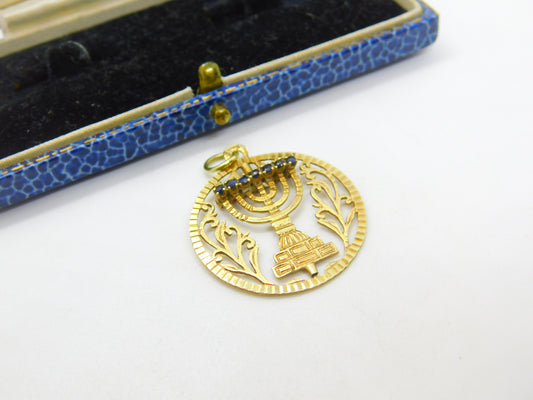 14ct Gold Spinning Jewish Menorah Ruby & Sapphire Set Pendant Vintage c1960