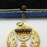 14ct Gold Spinning Jewish Menorah Ruby & Sapphire Set Pendant Vintage c1960