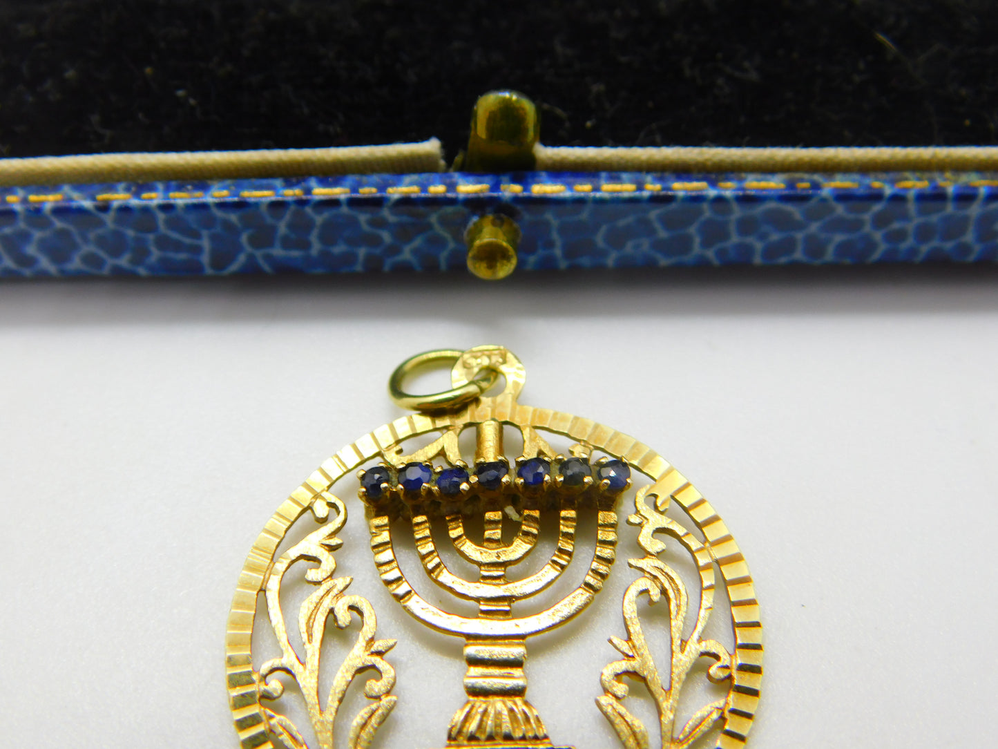 14ct Gold Spinning Jewish Menorah Ruby & Sapphire Set Pendant Vintage c1960