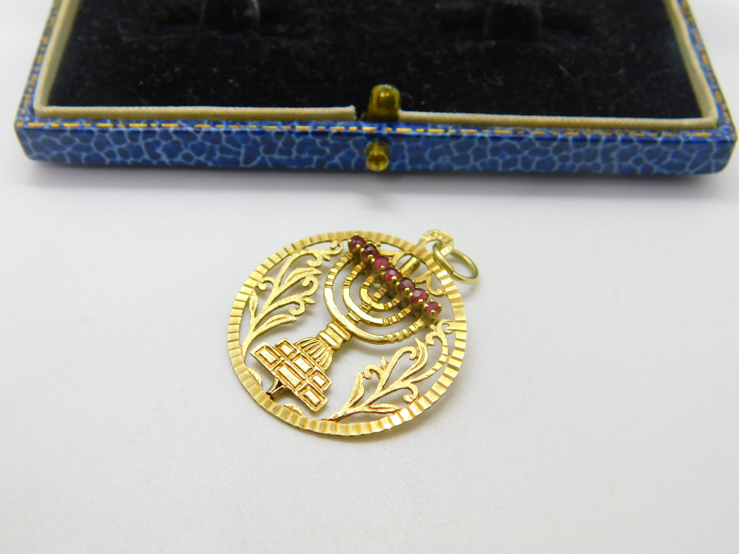 14ct Gold Spinning Jewish Menorah Ruby & Sapphire Set Pendant Vintage c1960