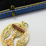 14ct Gold Spinning Jewish Menorah Ruby & Sapphire Set Pendant Vintage c1960