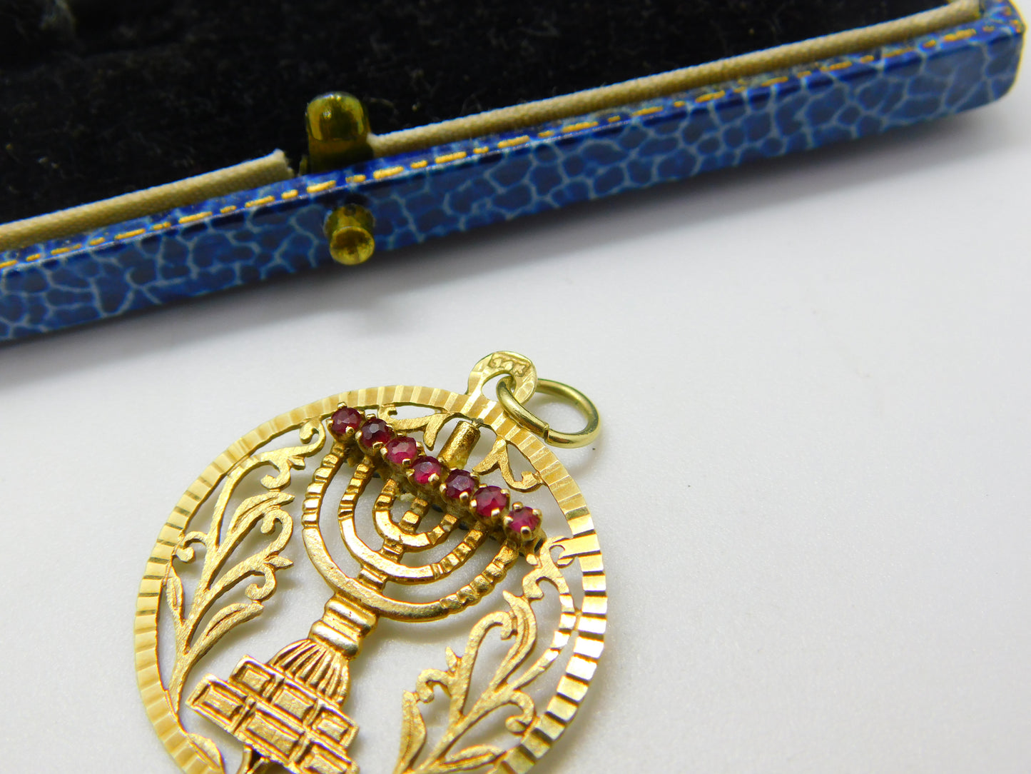 14ct Gold Spinning Jewish Menorah Ruby & Sapphire Set Pendant Vintage c1960