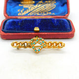 15ct Yellow Gold, Turquoise & Seed Pearl Heart Knot Sweetheart Brooch Antique
