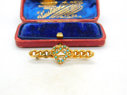 15ct Yellow Gold, Turquoise & Seed Pearl Heart Knot Sweetheart Brooch Antique