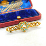 15ct Yellow Gold, Turquoise & Seed Pearl Heart Knot Sweetheart Brooch Antique