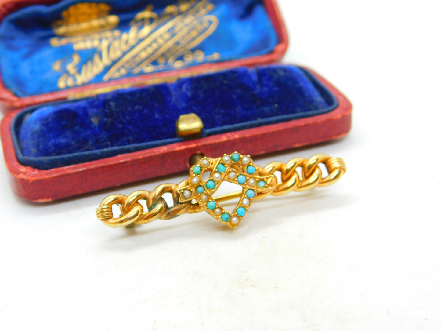 15ct Yellow Gold, Turquoise & Seed Pearl Heart Knot Sweetheart Brooch Antique