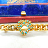 15ct Yellow Gold, Turquoise & Seed Pearl Heart Knot Sweetheart Brooch Antique