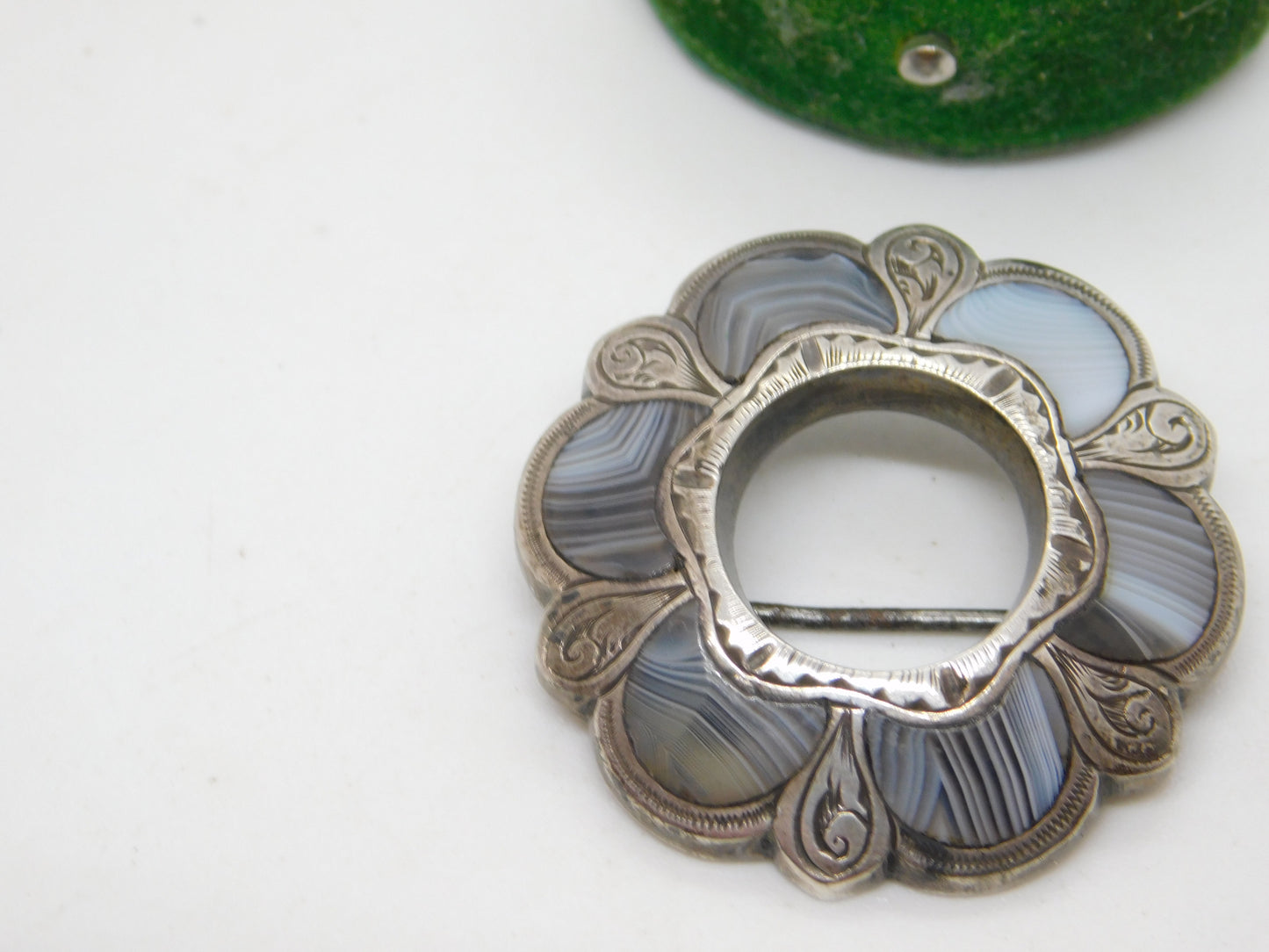 Victorian Sterling Silver Montrose Agate Floral Kilt Brooch Antique c1860