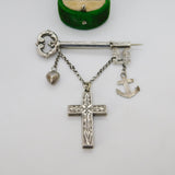 Victorian Sterling Silver Faith, Hope, Charity Key Sweetheart Brooch Antique