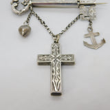 Victorian Sterling Silver Faith, Hope, Charity Key Sweetheart Brooch Antique