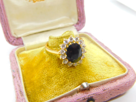 18ct Yellow Gold, Sapphire & Diamond Paste Floral Cluster Ring Vintage c1970