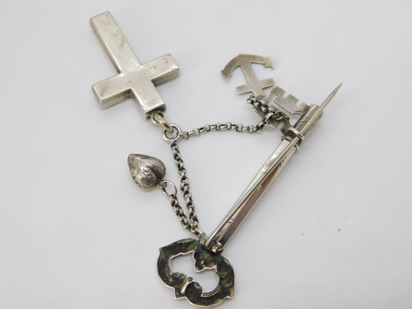 Victorian Sterling Silver Faith, Hope, Charity Key Sweetheart Brooch Antique