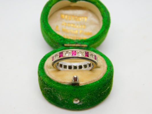 9ct Bi-Colour Gold, Ruby & Spinel Set Eternity Ring Vintage c1970 Size L 1/2 UK