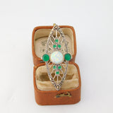 Sterling Silver Art Deco Style Opal, Emerald Paste & Marcasite Statement Ring