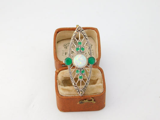 Sterling Silver Art Deco Style Opal, Emerald Paste & Marcasite Statement Ring