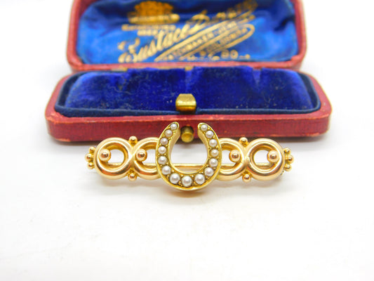 Victorian 9ct Yellow Gold & Seed Pearl Horseshoe Sweetheart Brooch Antique c1890