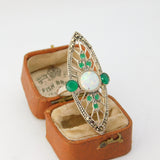 Sterling Silver Art Deco Style Opal, Emerald Paste & Marcasite Statement Ring