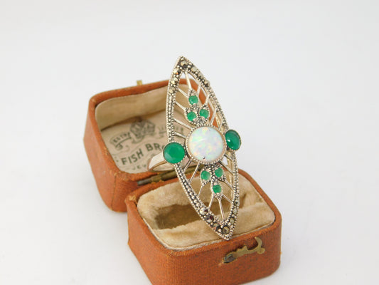 Sterling Silver Art Deco Style Opal, Emerald Paste & Marcasite Statement Ring