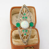 Sterling Silver Art Deco Style Opal, Emerald Paste & Marcasite Statement Ring