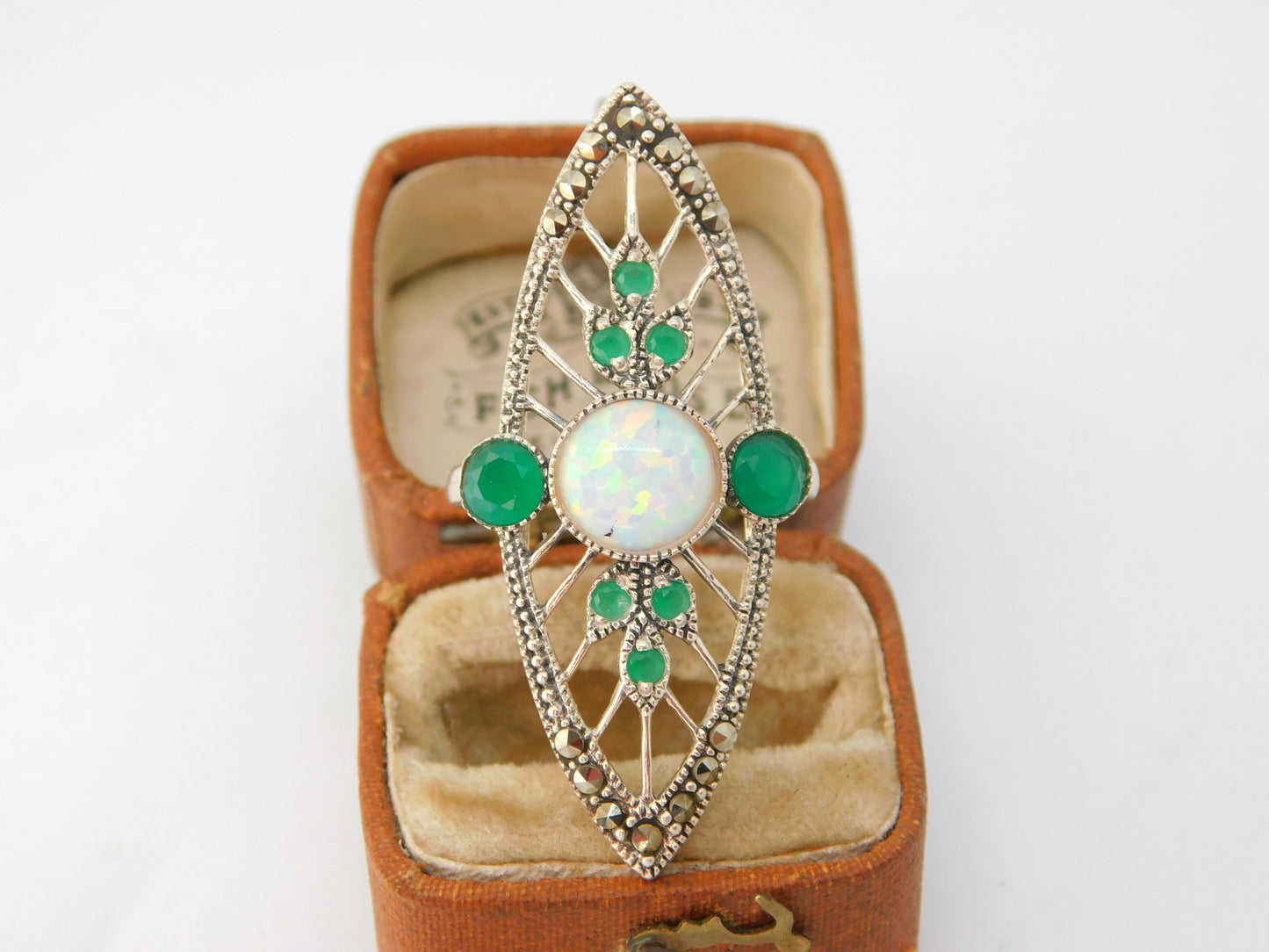 Sterling Silver Art Deco Style Opal, Emerald Paste & Marcasite Statement Ring