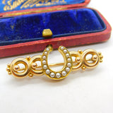Victorian 9ct Yellow Gold & Seed Pearl Horseshoe Sweetheart Brooch Antique c1890