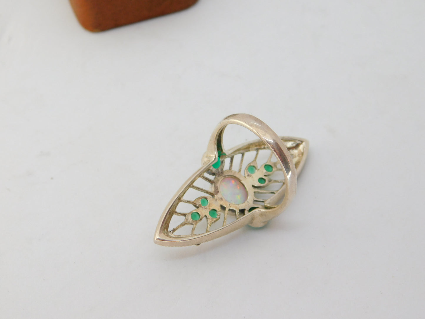 Sterling Silver Art Deco Style Opal, Emerald Paste & Marcasite Statement Ring