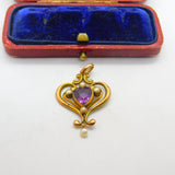 Edwardian 9ct Gold, Amethyst & Pearl Lavalier Drop Pendant Antique c1910