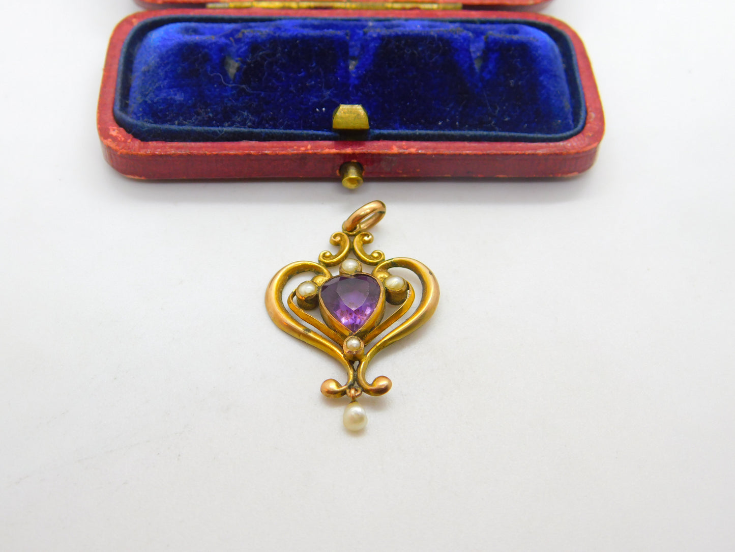 Edwardian 9ct Gold, Amethyst & Pearl Lavalier Drop Pendant Antique c1910