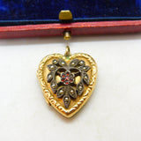 9ct Gold Back & Front, Seed Pearl & Garnet Heart Shaped Locket Antique c1920