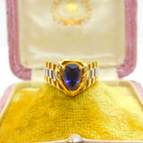 18ct Two-Tone Gold, Pear Cut Iolite & Diamond Heart Form Band Ring Vintage c1980